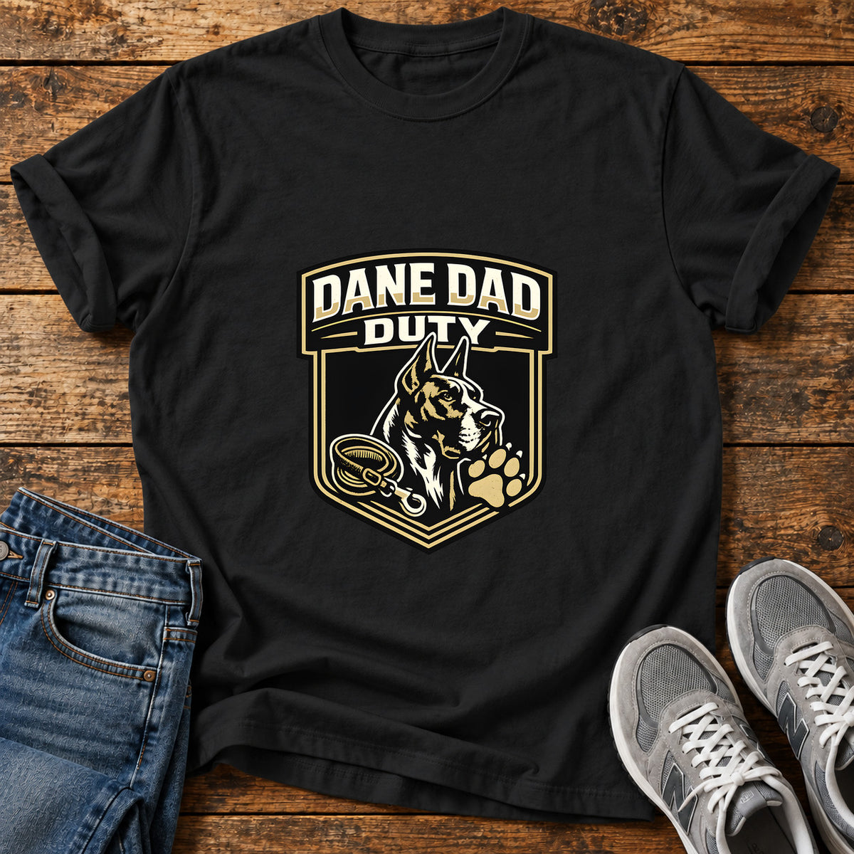 Dane Dad Duty Great Dane graphic T-shirt in Black, shown on a flat-lay shirt mockup