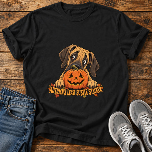 Autumn's Stalker Great Dane graphic T-shirt in Black, shown on a flat-lay shirt mockup