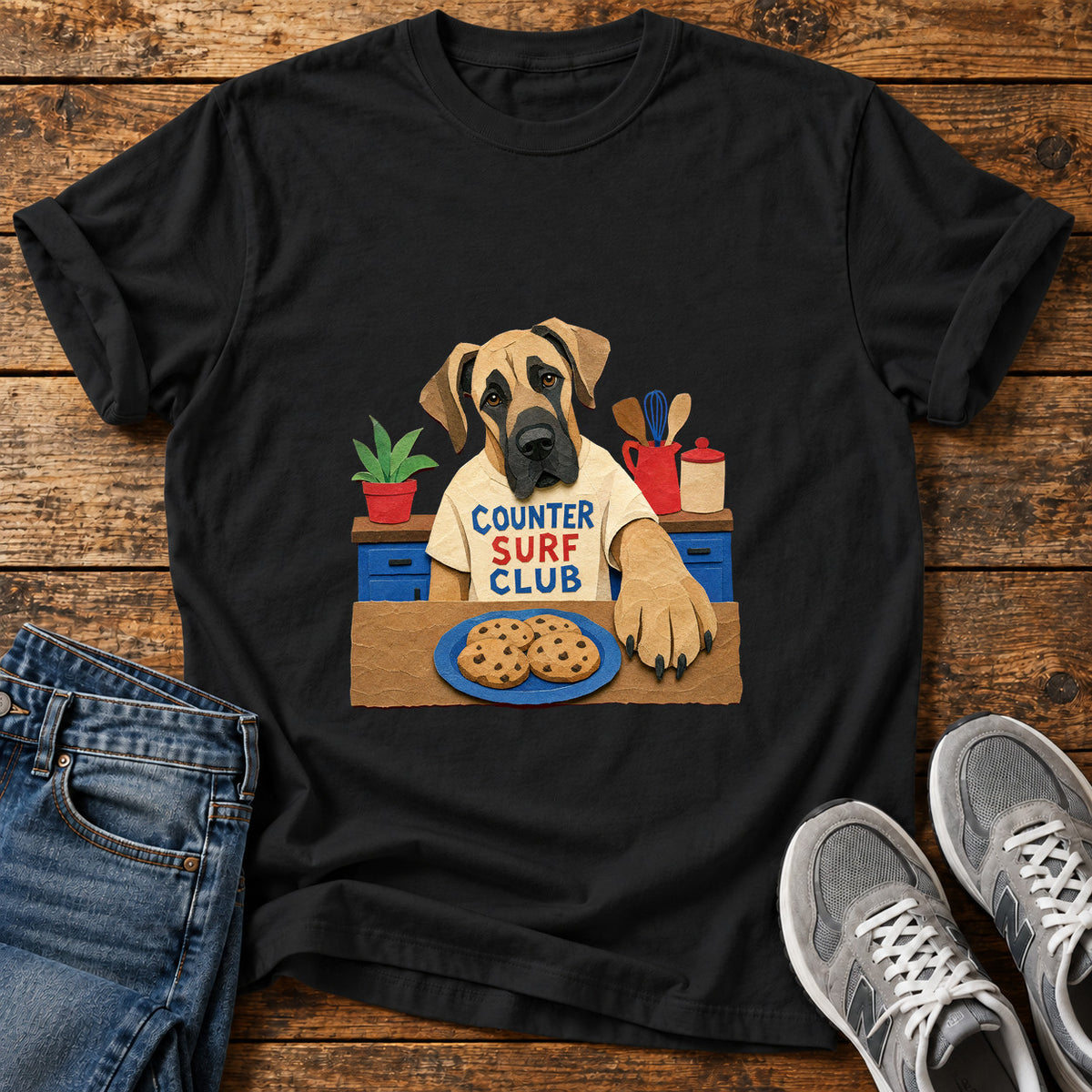 Counter Surf Club Great Dane graphic T-shirt in Black, shown on a flat-lay shirt mockup