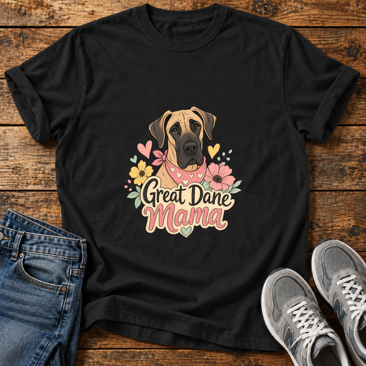 Great Dane Mama graphic T-shirt in Black, shown on a flat-lay shirt mockup