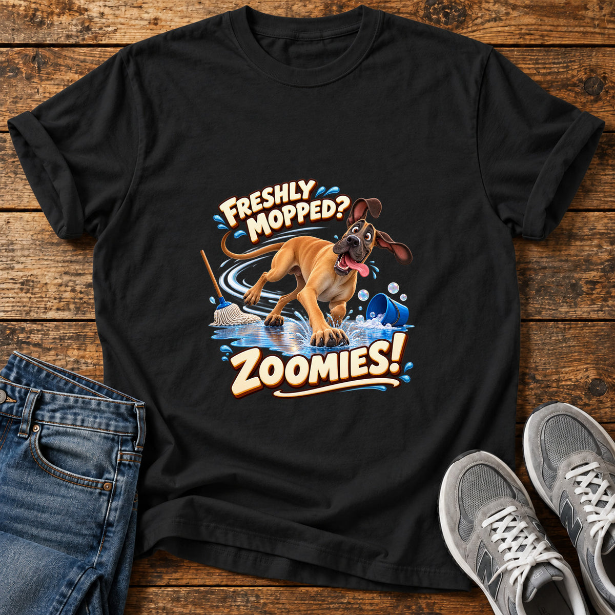 Freshly Zoomies Great Dane graphic T-shirt in Black, shown on a flat-lay shirt mockup