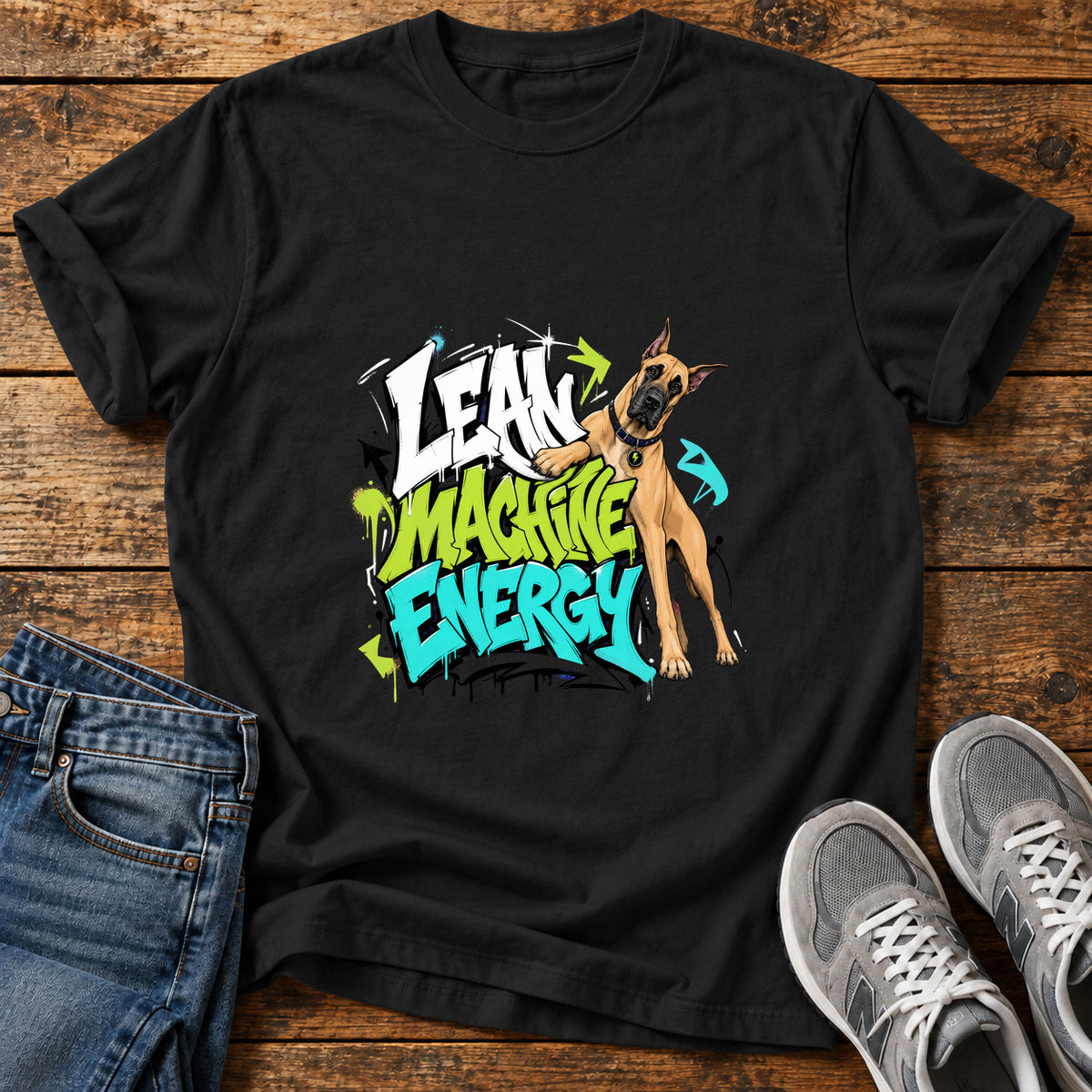 Lean Machine Energy Great Dane graphic T-shirt in Black, shown on a flat-lay shirt mockup