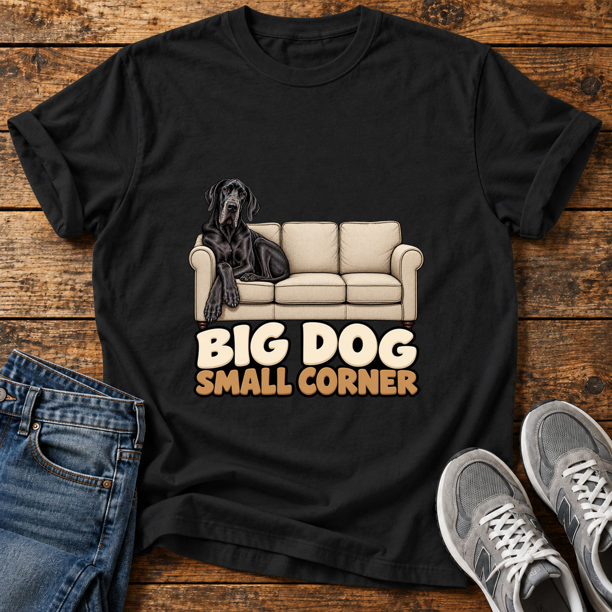 Big Dog Corner Great Dane graphic T-shirt in Black, shown on a flat-lay shirt mockup