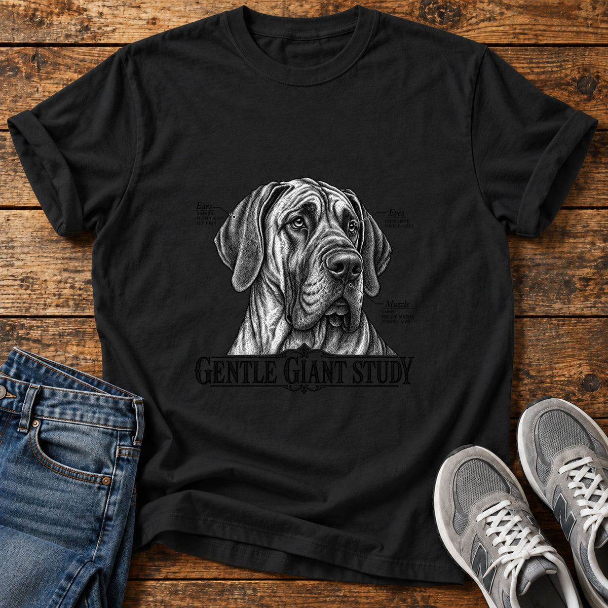 Gentle Giant Study Great Dane graphic T-shirt in Black, shown on a flat-lay shirt mockup