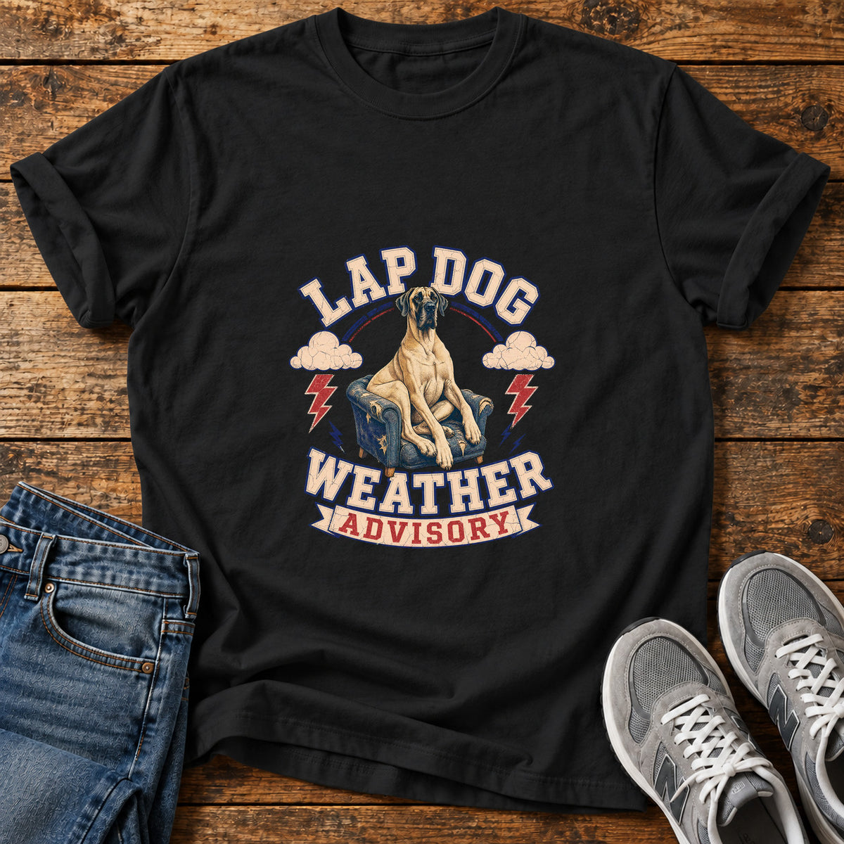 Lap Dog Advisory Great Dane graphic T-shirt in Black, shown on a flat-lay shirt mockup