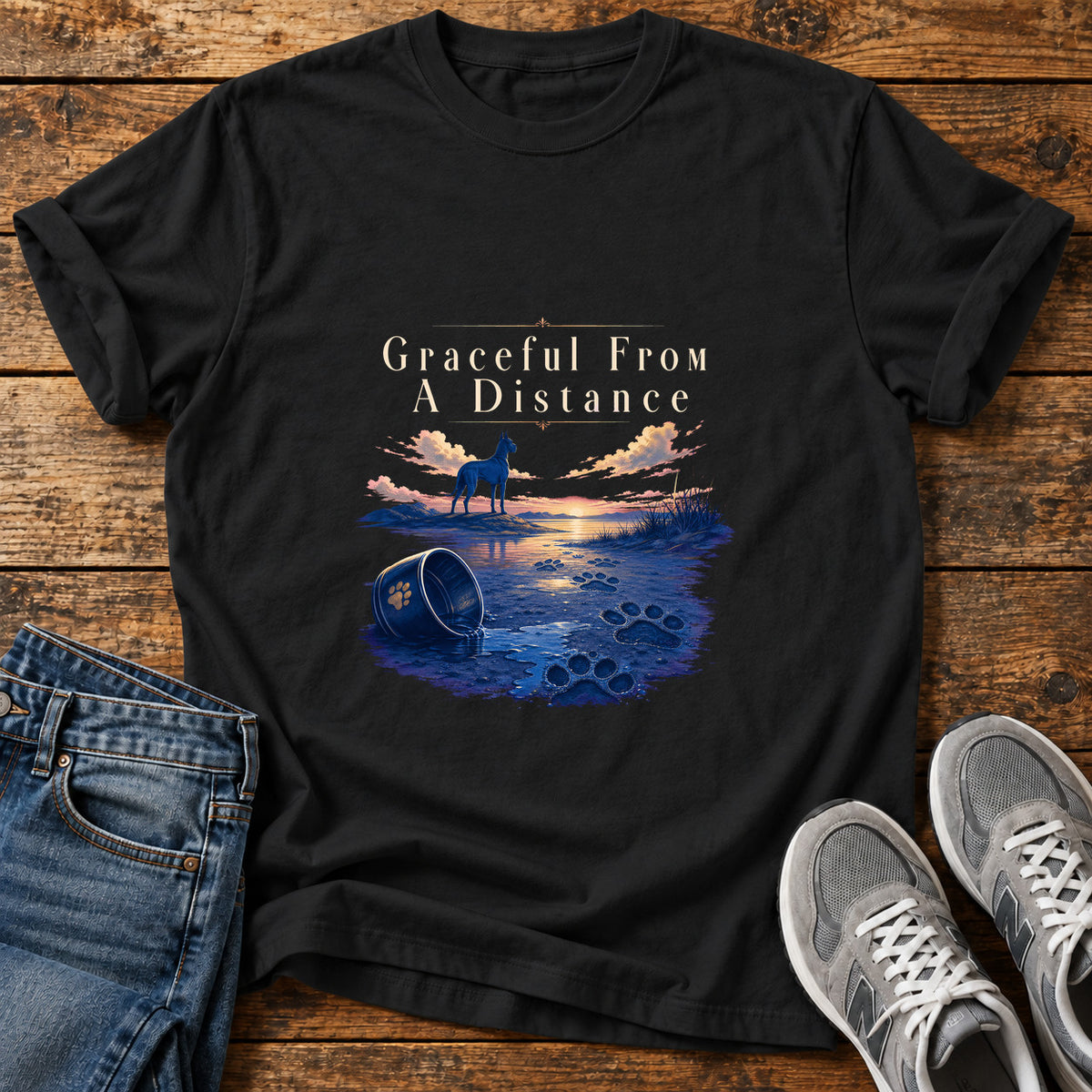Graceful Distance Great Dane graphic T-shirt in Black, shown on a flat-lay shirt mockup