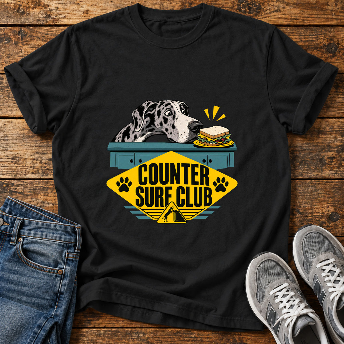 Counter Surf Club Great Dane graphic T-shirt in Black, shown on a flat-lay shirt mockup