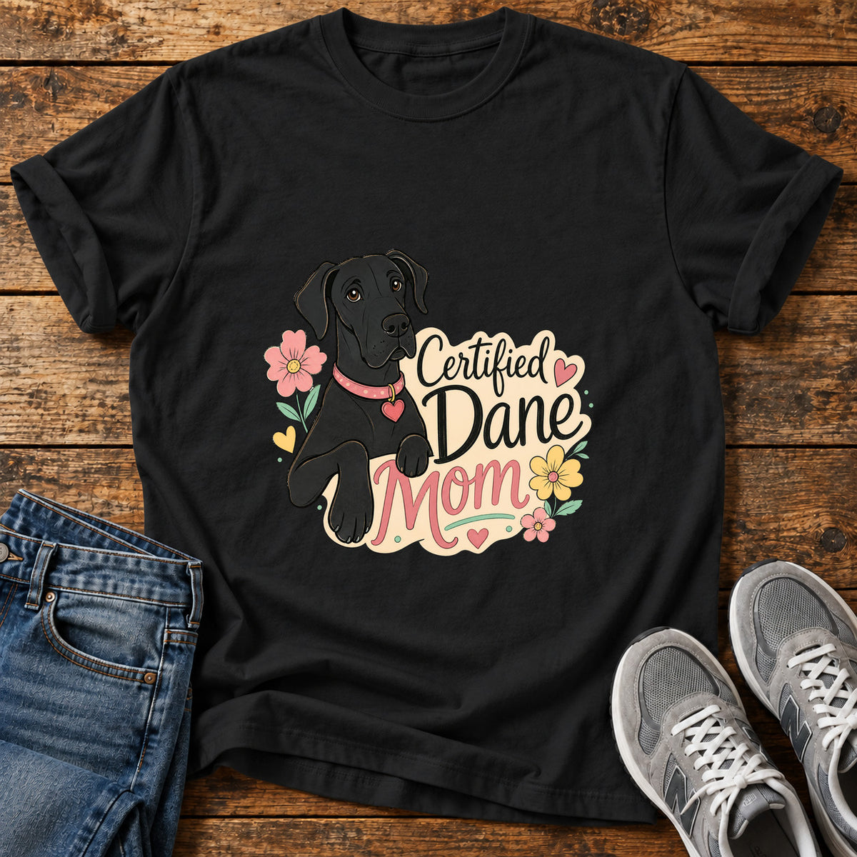 Certified Dane Mom Great Dane graphic T-shirt in Black, shown on a flat-lay shirt mockup