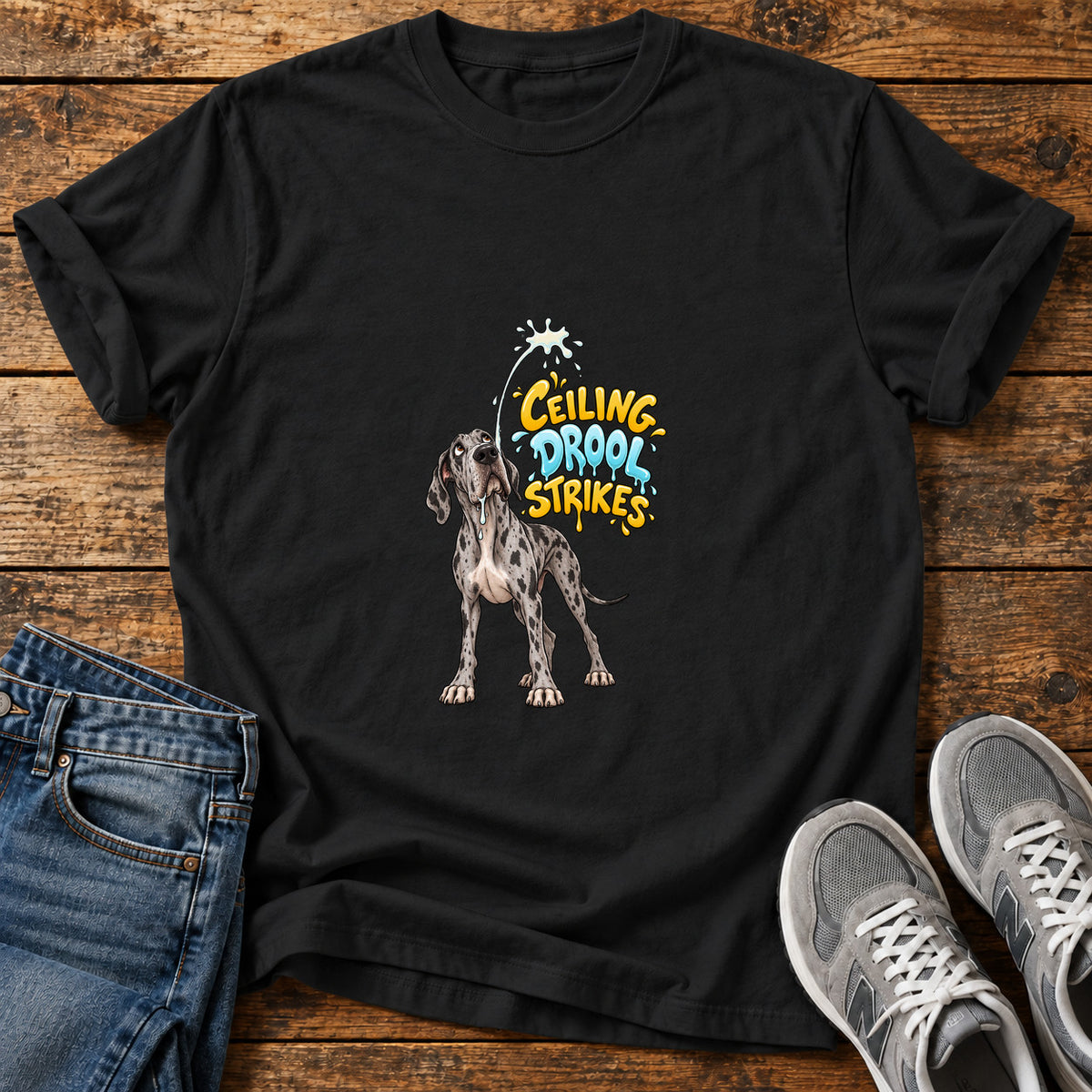 Ceiling Drool Strikes Great Dane graphic T-shirt in Black, shown on a flat-lay shirt mockup