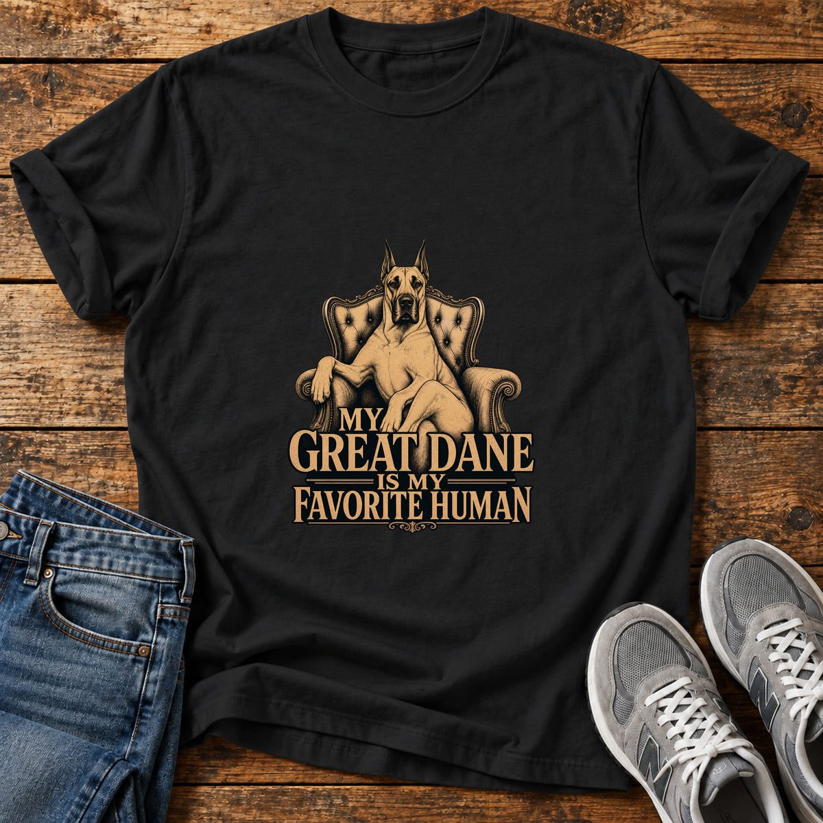 Great Dane Favorite graphic T-shirt in Black, shown on a flat-lay shirt mockup