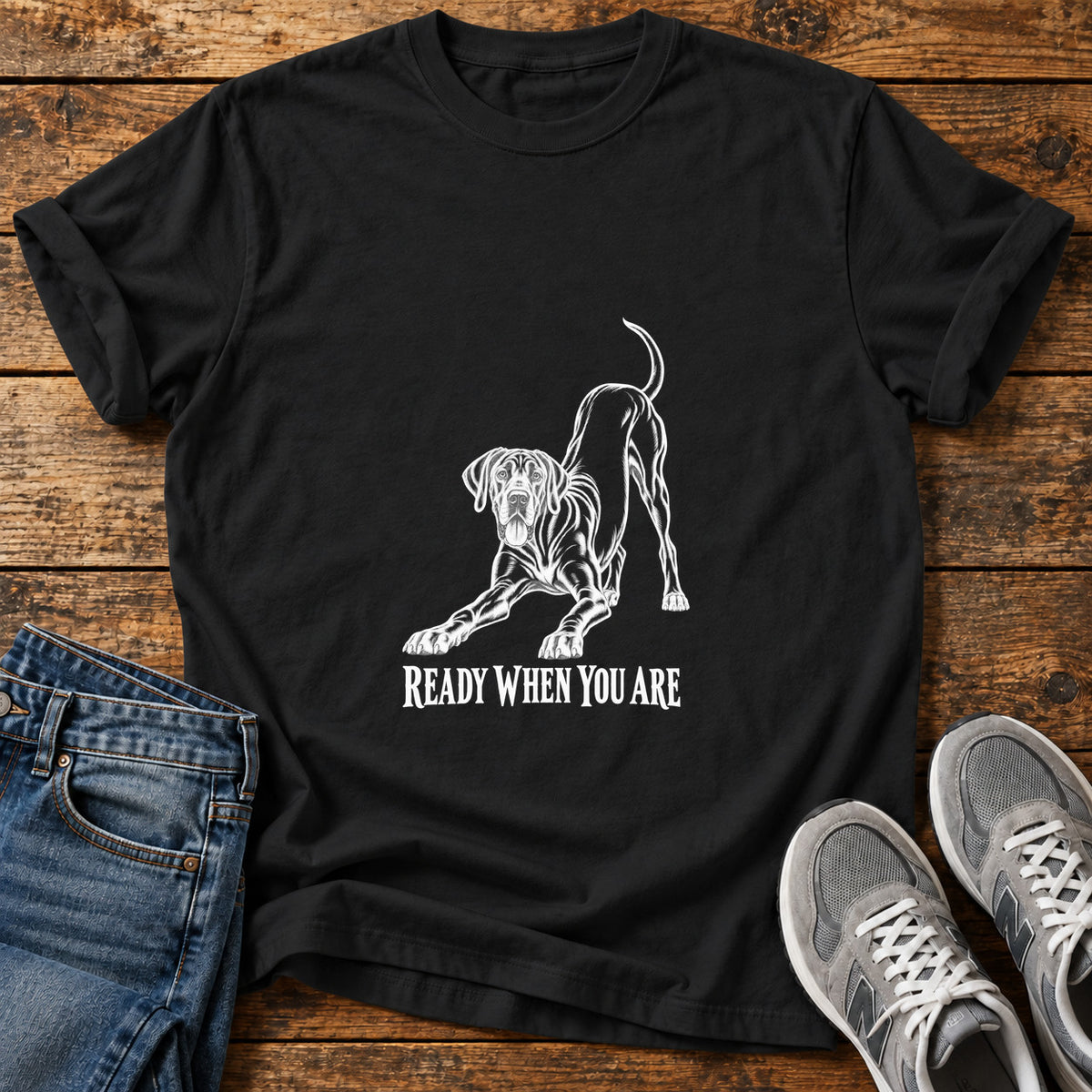 Ready When You Great Dane graphic T-shirt in Black, shown on a flat-lay shirt mockup