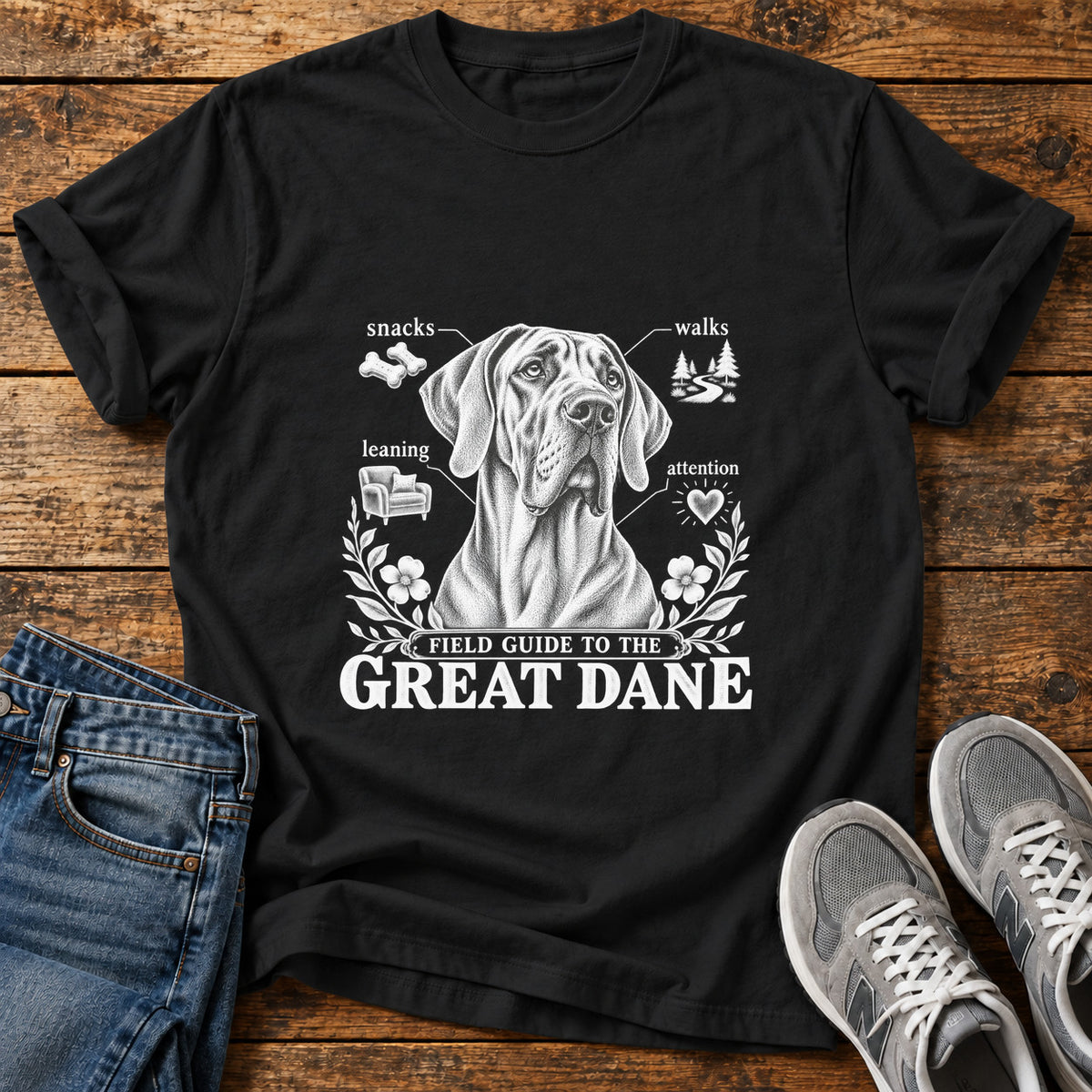 Great Dane Guide graphic T-shirt in Black, shown on a flat-lay shirt mockup