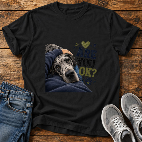 Are You OK Great Dane graphic T-shirt in Black, shown on a flat-lay shirt mockup