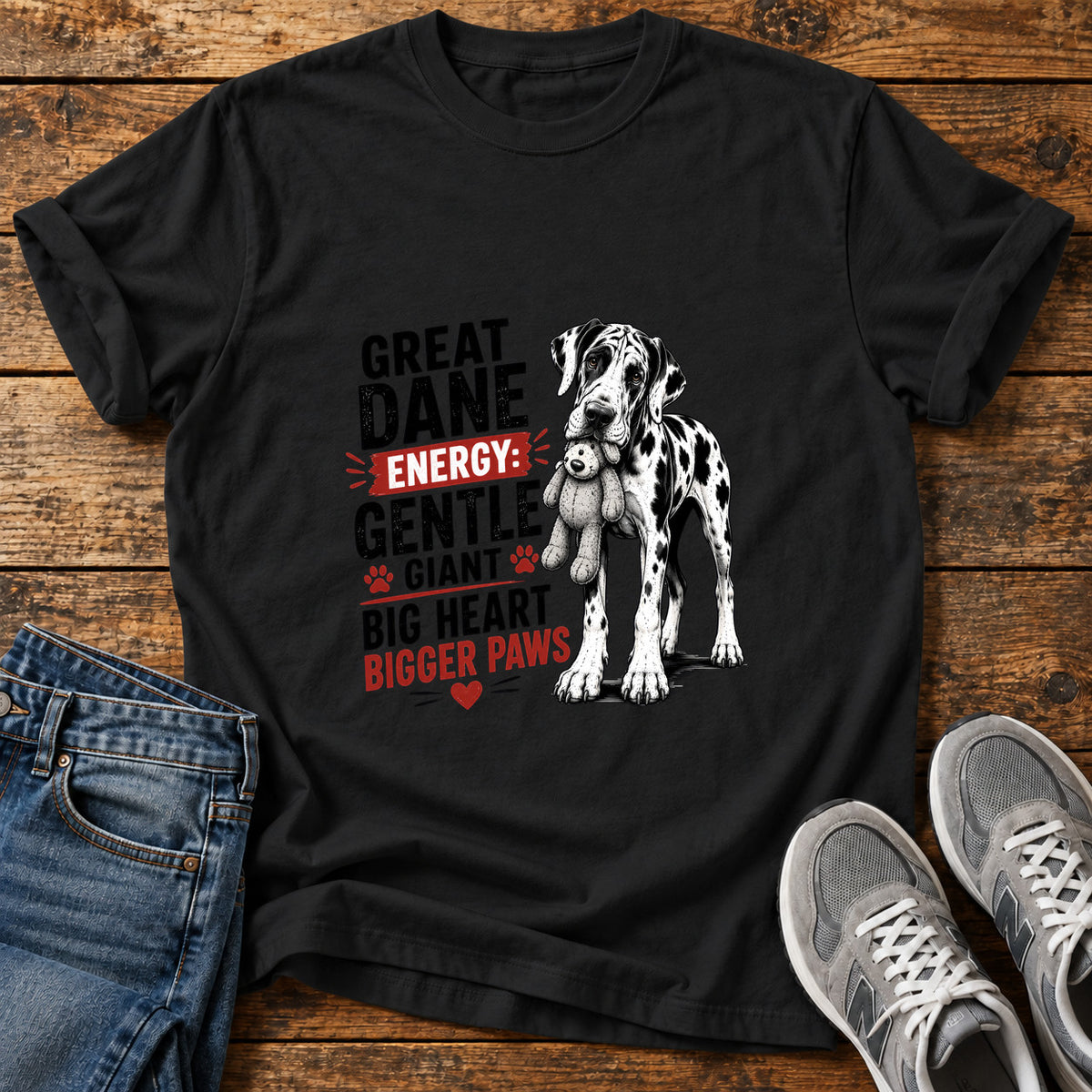Great Dane Energy graphic T-shirt in Black, shown on a flat-lay shirt mockup