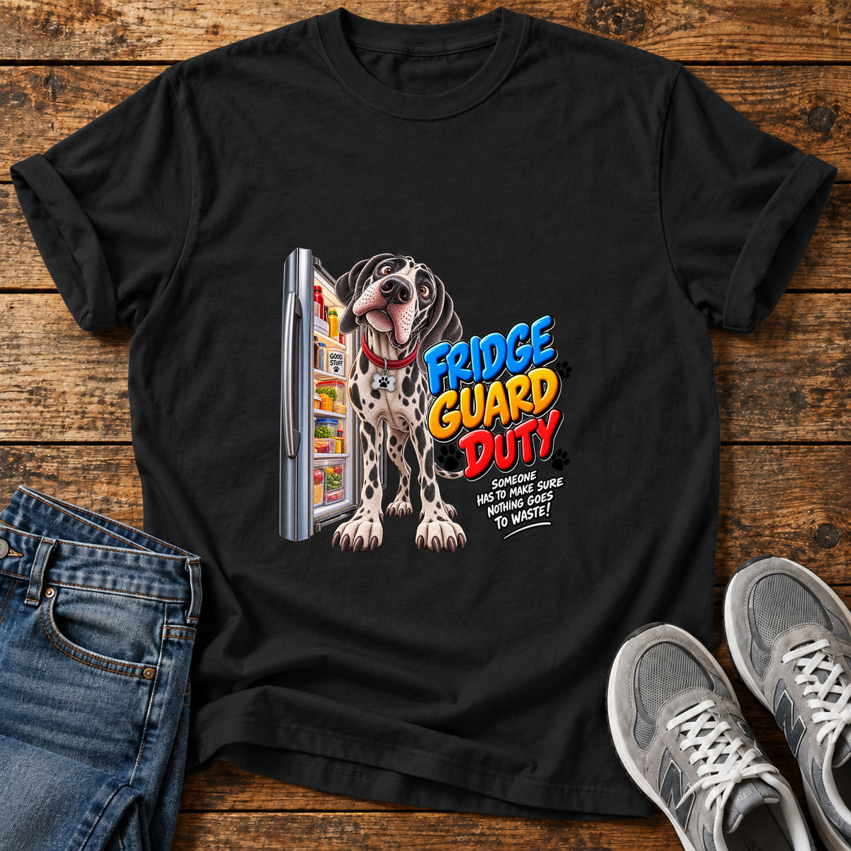 Fridge Guard Duty Great Dane graphic T-shirt in Black, shown on a flat-lay shirt mockup