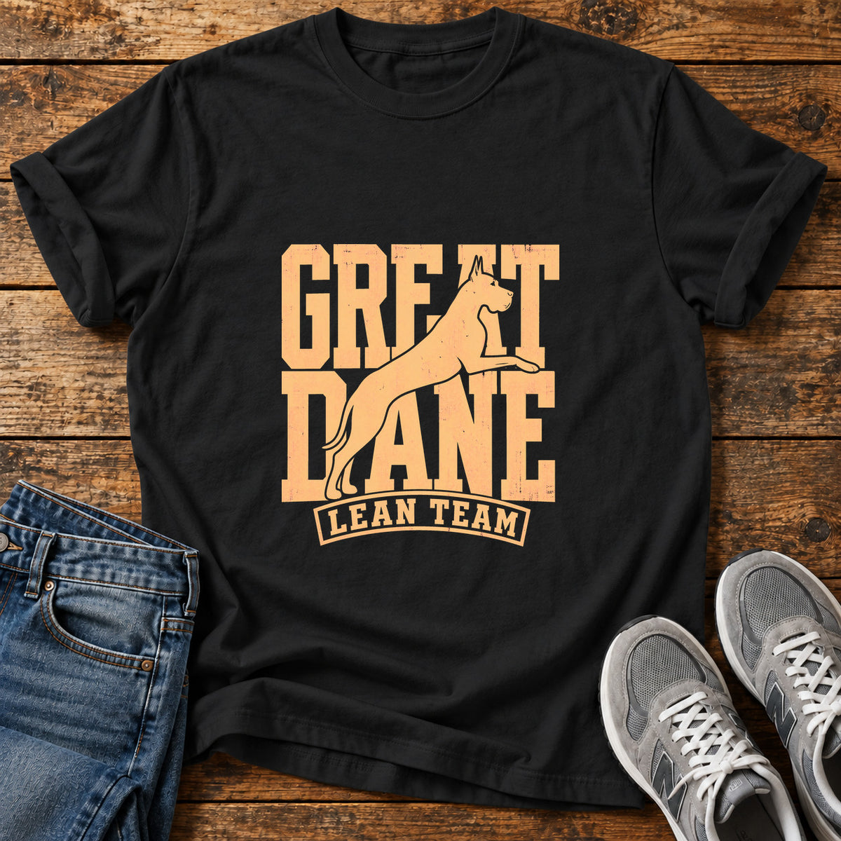 Great Dane Team graphic T-shirt in Black, shown on a flat-lay shirt mockup