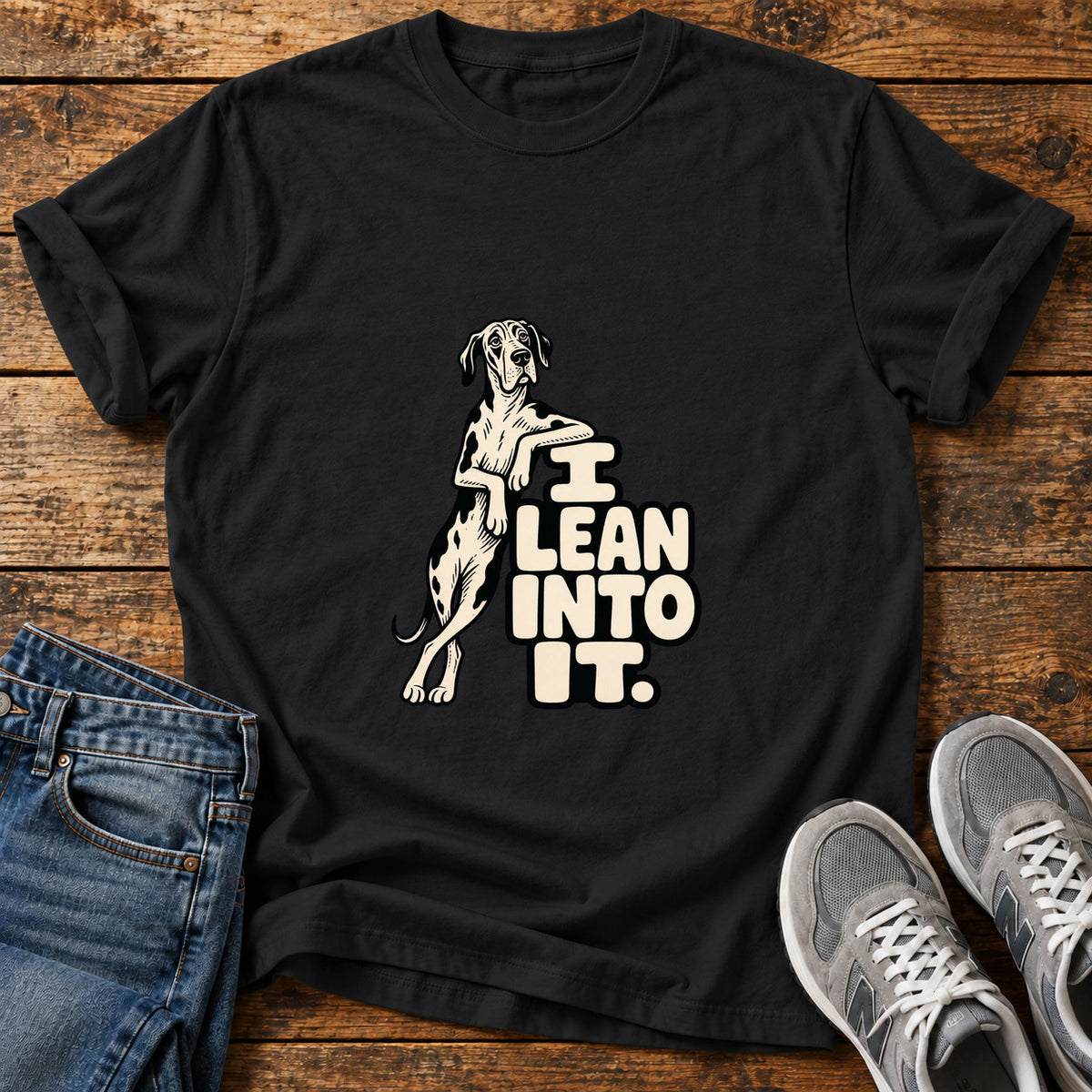 Lean Into It Great Dane graphic T-shirt in Black, shown on a flat-lay shirt mockup