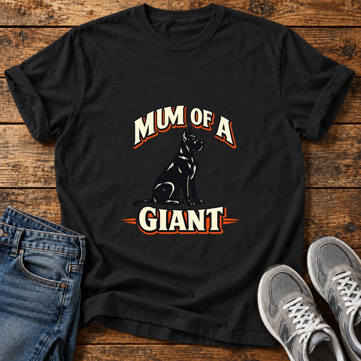 Mum Of Giant Great Dane graphic T-shirt in Black, shown on a flat-lay shirt mockup
