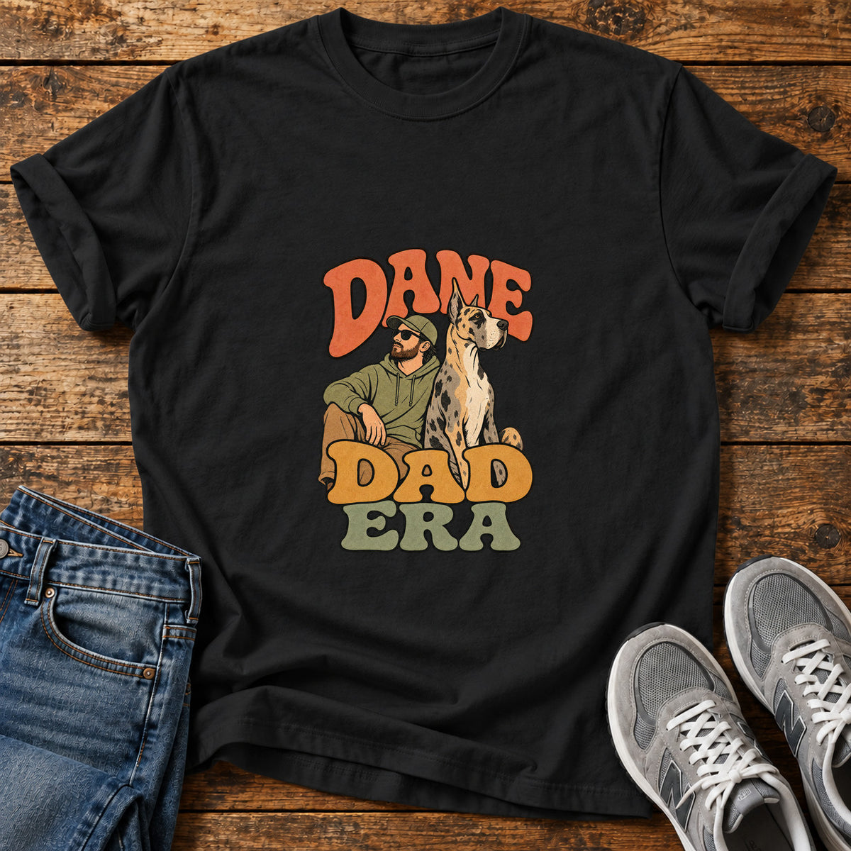 Dane Dad Era Great Dane graphic T-shirt in Black, shown on a flat-lay shirt mockup
