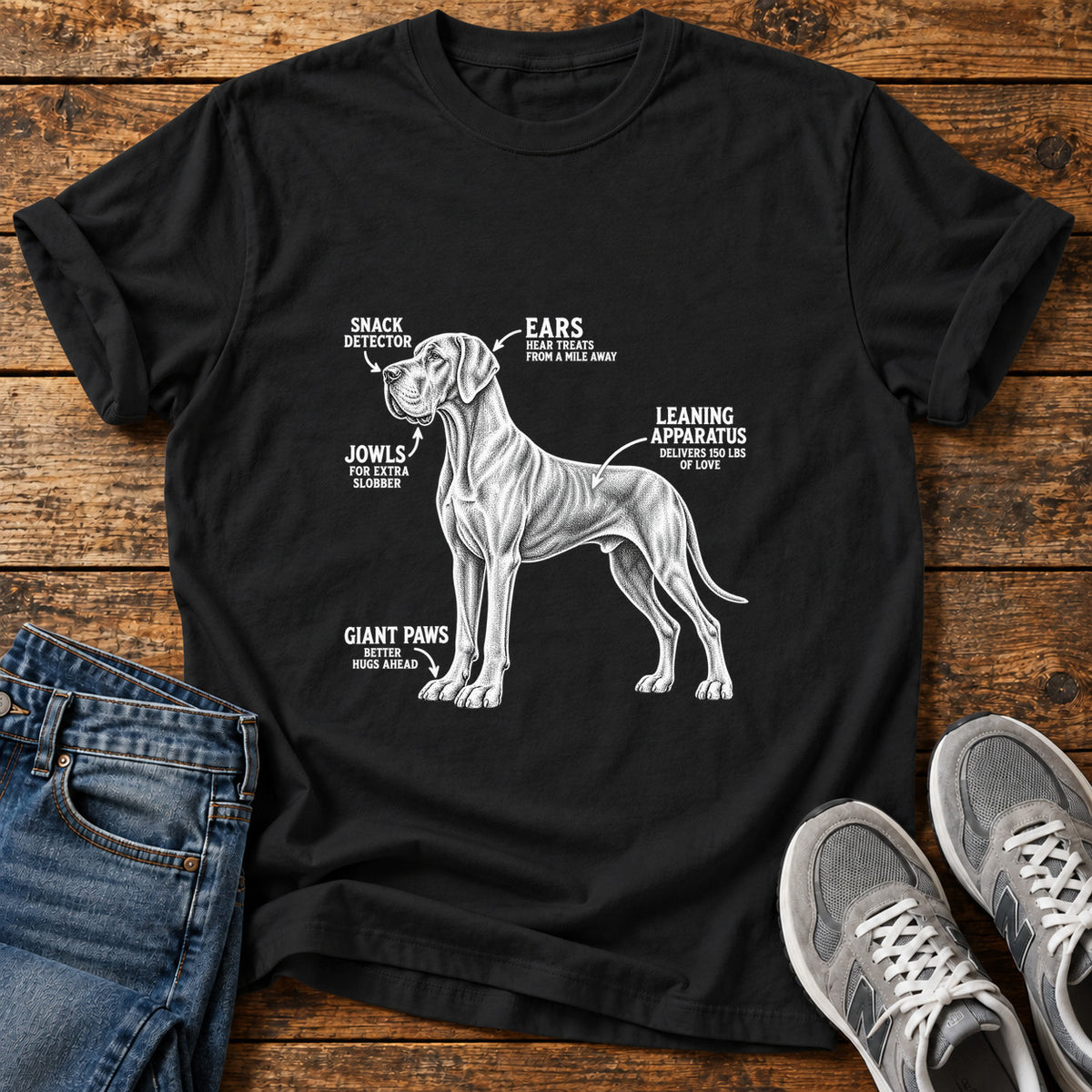 Snack Detector Great Dane graphic T-shirt in Black, shown on a flat-lay shirt mockup