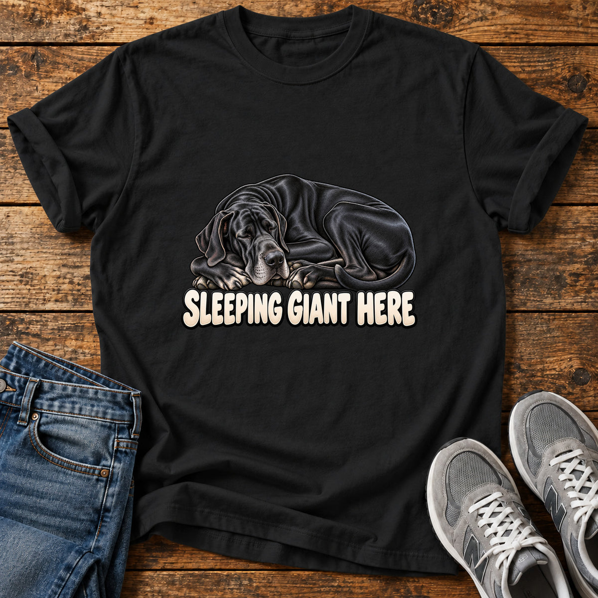 Sleeping Giant Great Dane graphic T-shirt in Black, shown on a flat-lay shirt mockup