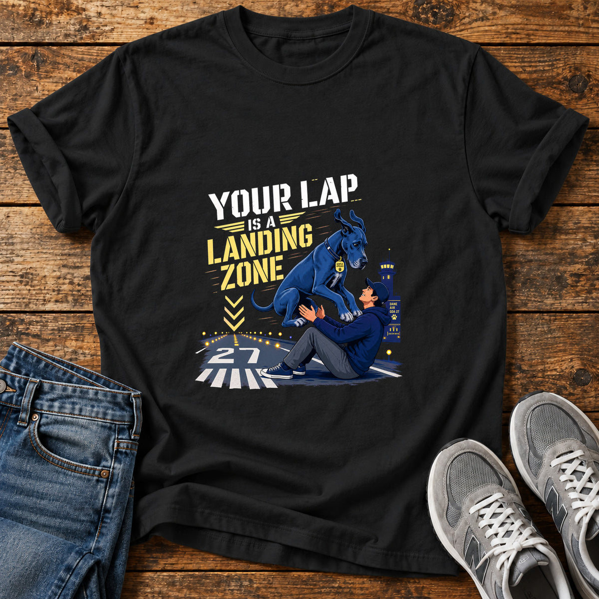 Landing Zone Great Dane graphic T-shirt in Black, shown on a flat-lay shirt mockup