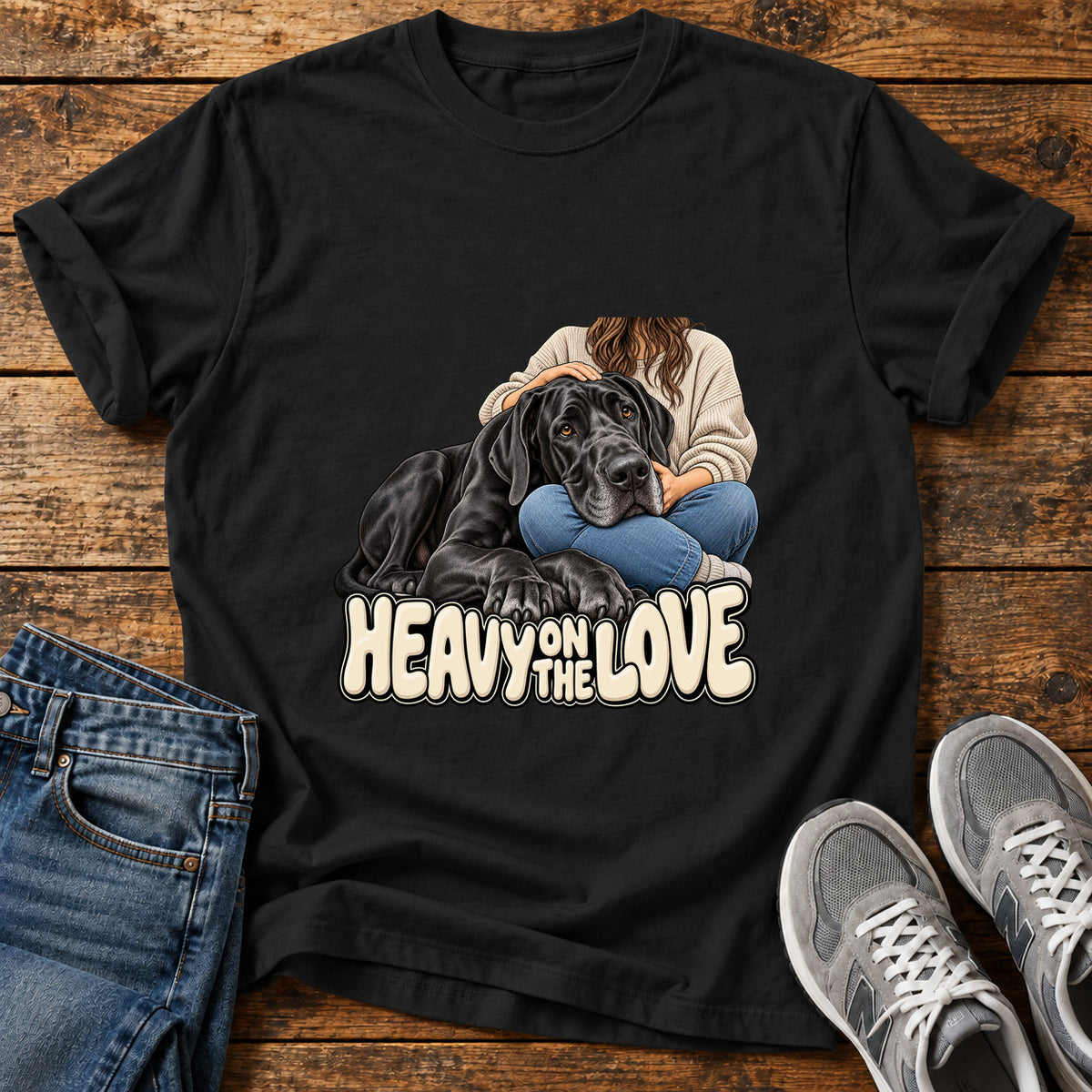 Heavy Love Great Dane graphic T-shirt in Black, shown on a flat-lay shirt mockup