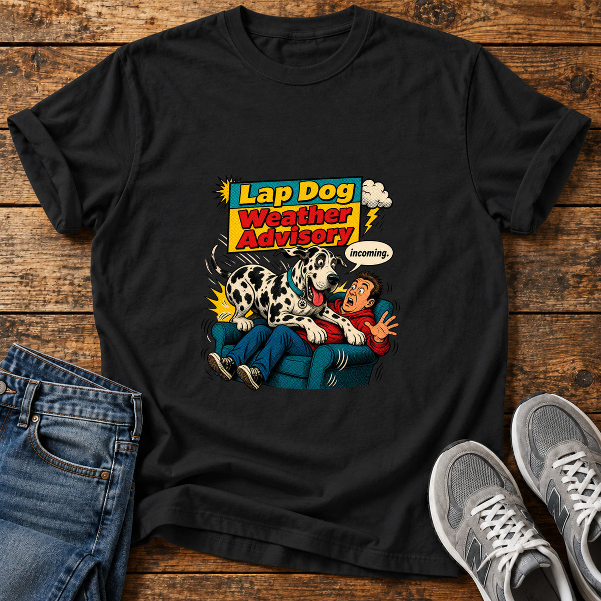 Lap Dog Advisory Great Dane graphic T-shirt in Black, shown on a flat-lay shirt mockup