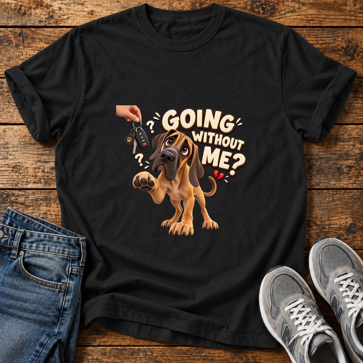 Going Without Me Great Dane graphic T-shirt in Black, shown on a flat-lay shirt mockup