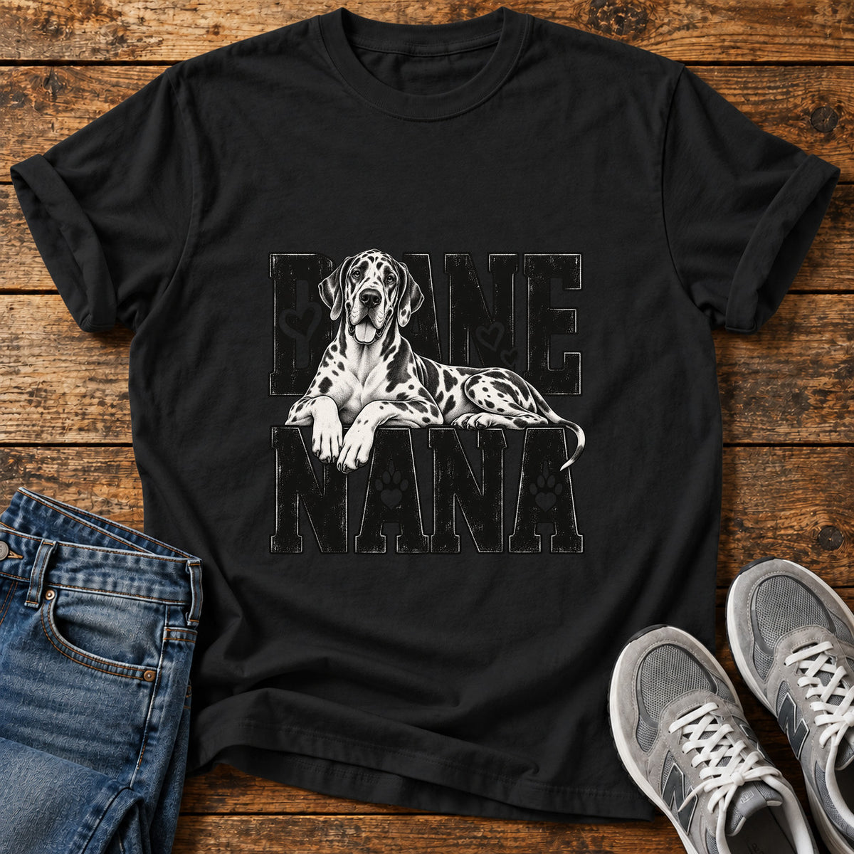 Dane Nana Great Dane graphic T-shirt in Black, shown on a flat-lay shirt mockup