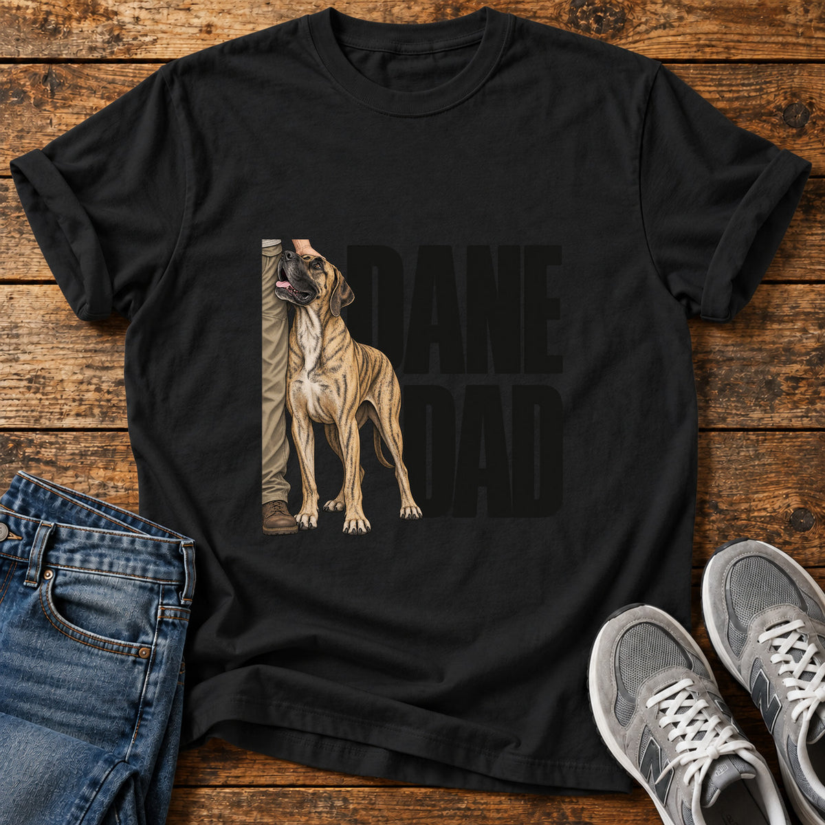 Dane Dad Great Dane graphic T-shirt in Black, shown on a flat-lay shirt mockup