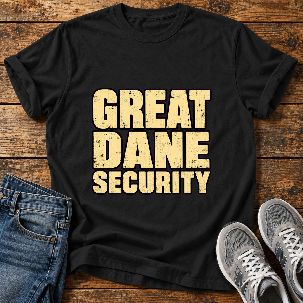 Great Dane Security graphic T-shirt in Black, shown on a flat-lay shirt mockup