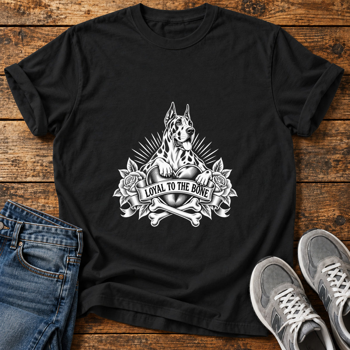 Loyal To The Great Dane graphic T-shirt in Black, shown on a flat-lay shirt mockup