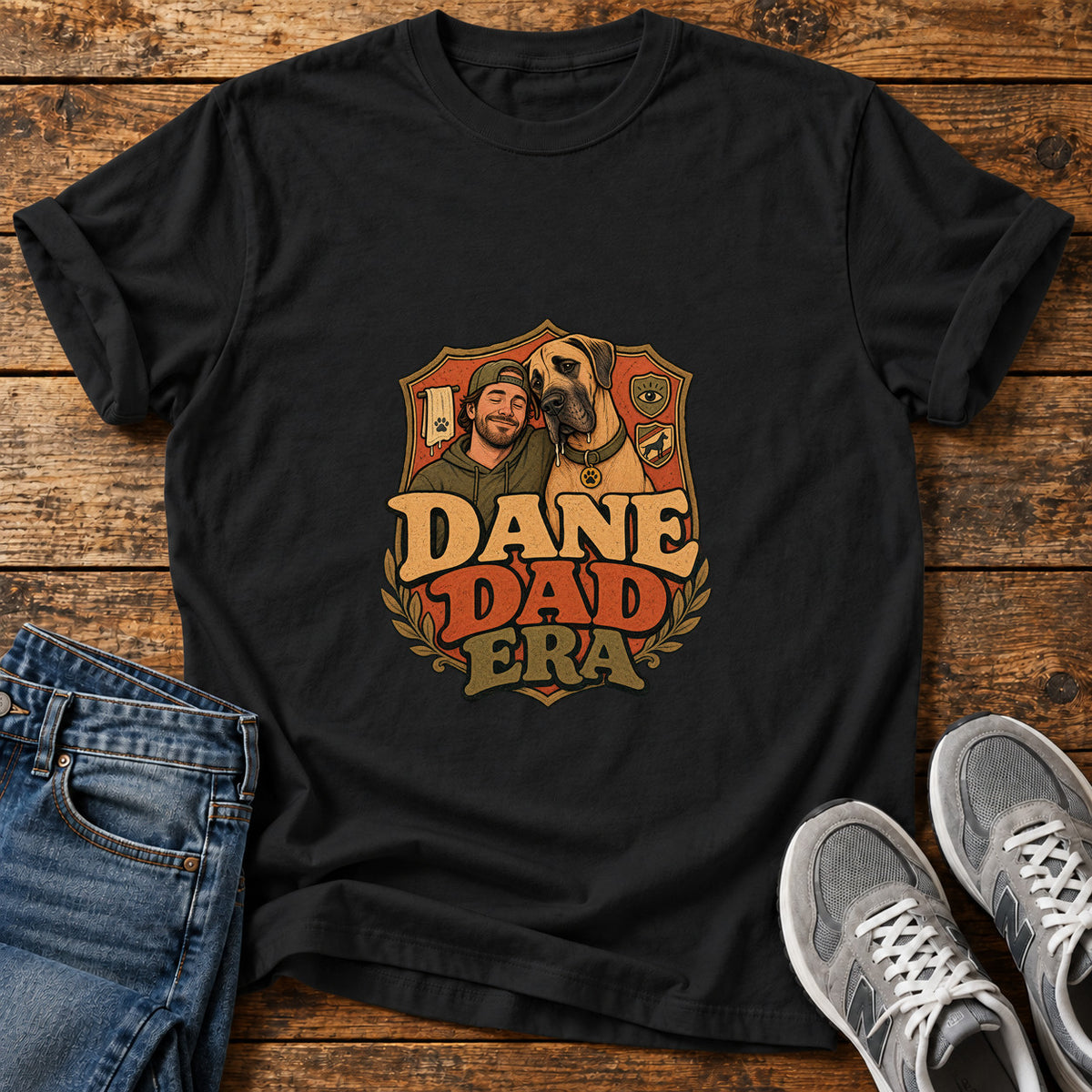 Dane Dad Era Great Dane graphic T-shirt in Black, shown on a flat-lay shirt mockup