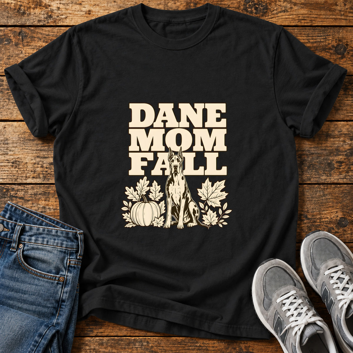 Dane Mom Fall Great Dane graphic T-shirt in Black, shown on a flat-lay shirt mockup