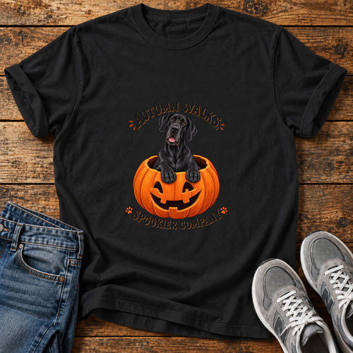 Autumn Walks Great Dane graphic T-shirt in Black, shown on a flat-lay shirt mockup
