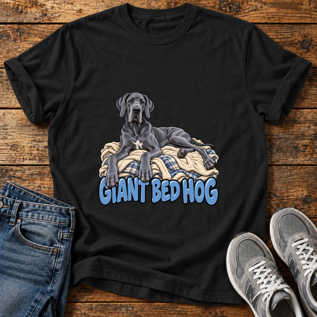 Giant Bed Hog Great Dane graphic T-shirt in Black, shown on a flat-lay shirt mockup