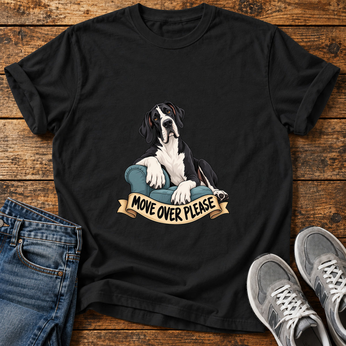 Move Over Please Great Dane graphic T-shirt in Black, shown on a flat-lay shirt mockup