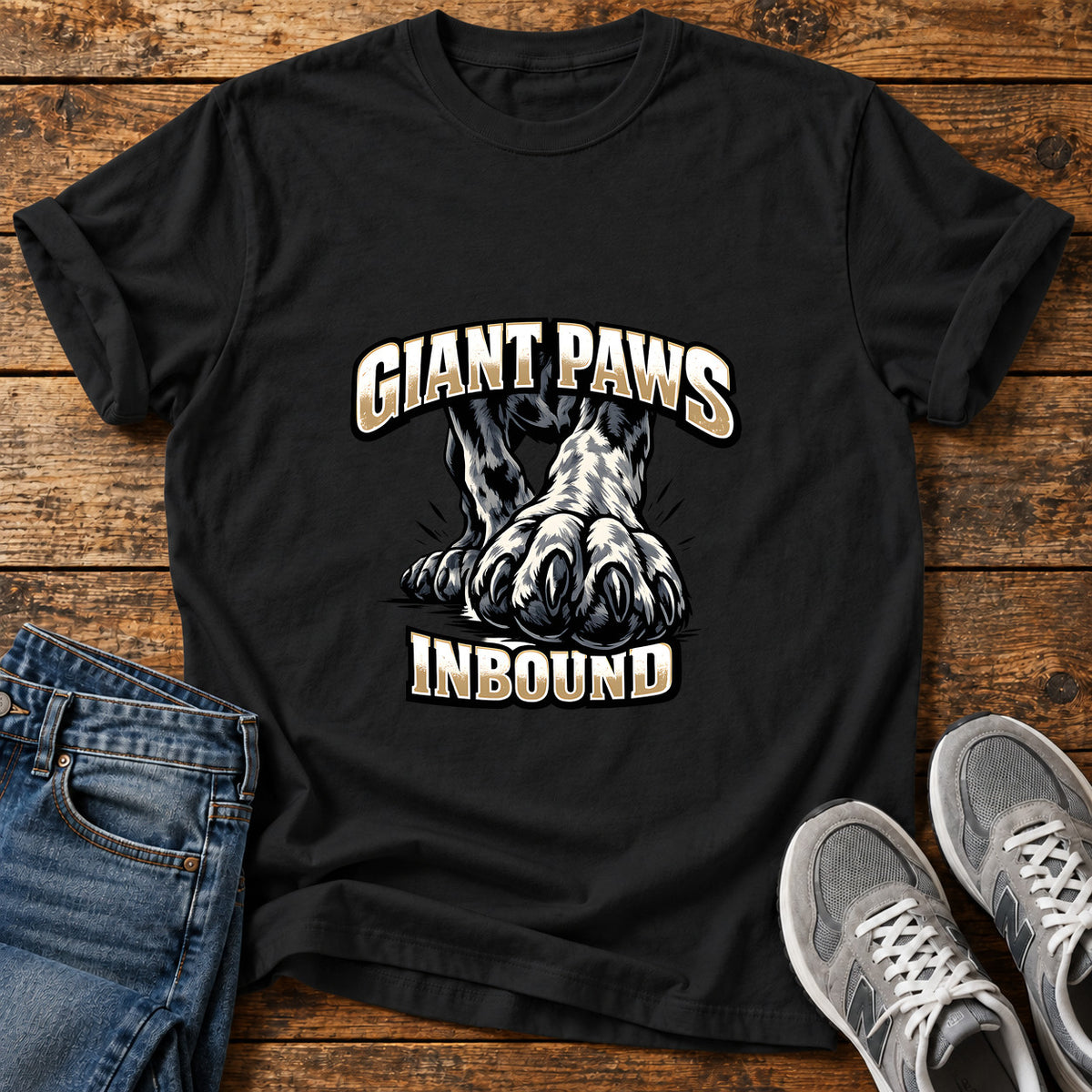 Giant Paws Inbound Great Dane graphic T-shirt in Black, shown on a flat-lay shirt mockup
