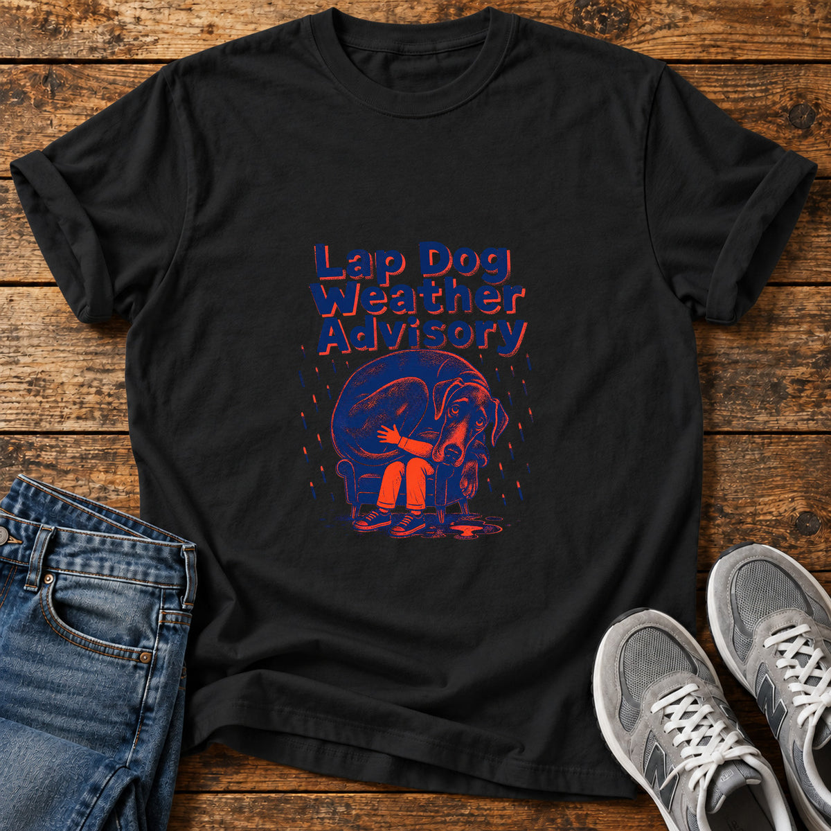 Lap Dog Weather Great Dane graphic T-shirt in Black, shown on a flat-lay shirt mockup