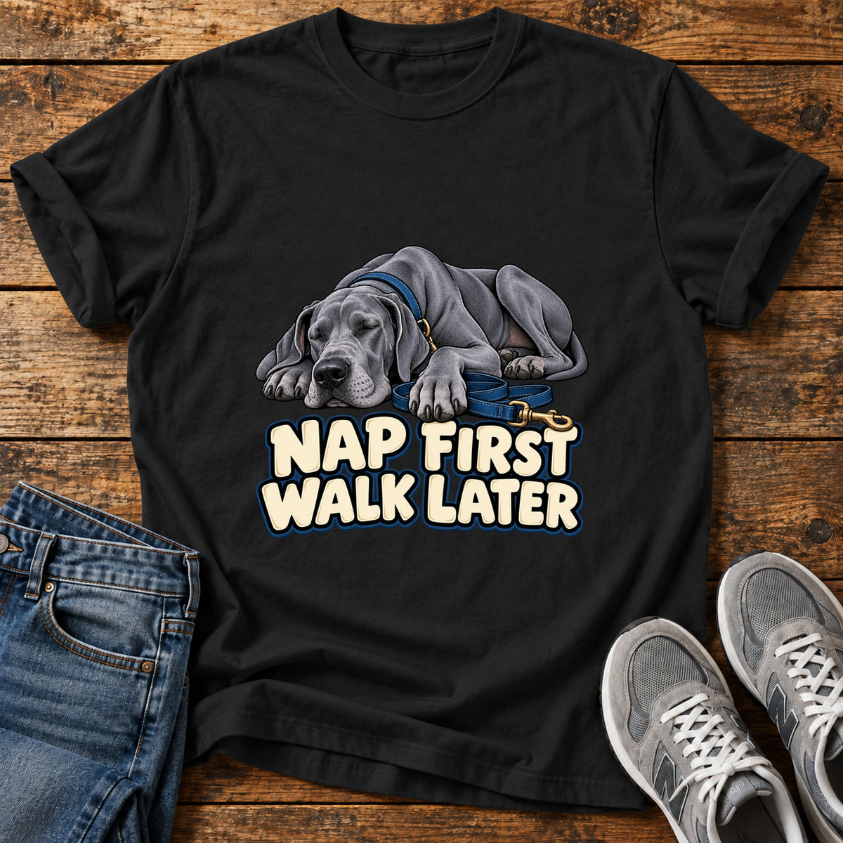 Nap First Great Dane graphic T-shirt in Black, shown on a flat-lay shirt mockup