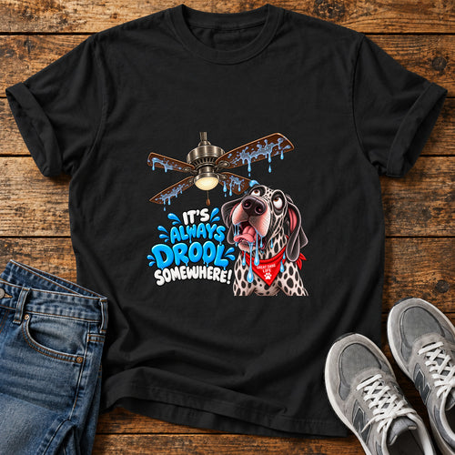 Drool Everywhere Great Dane graphic T-shirt in Black, shown on a flat-lay shirt mockup