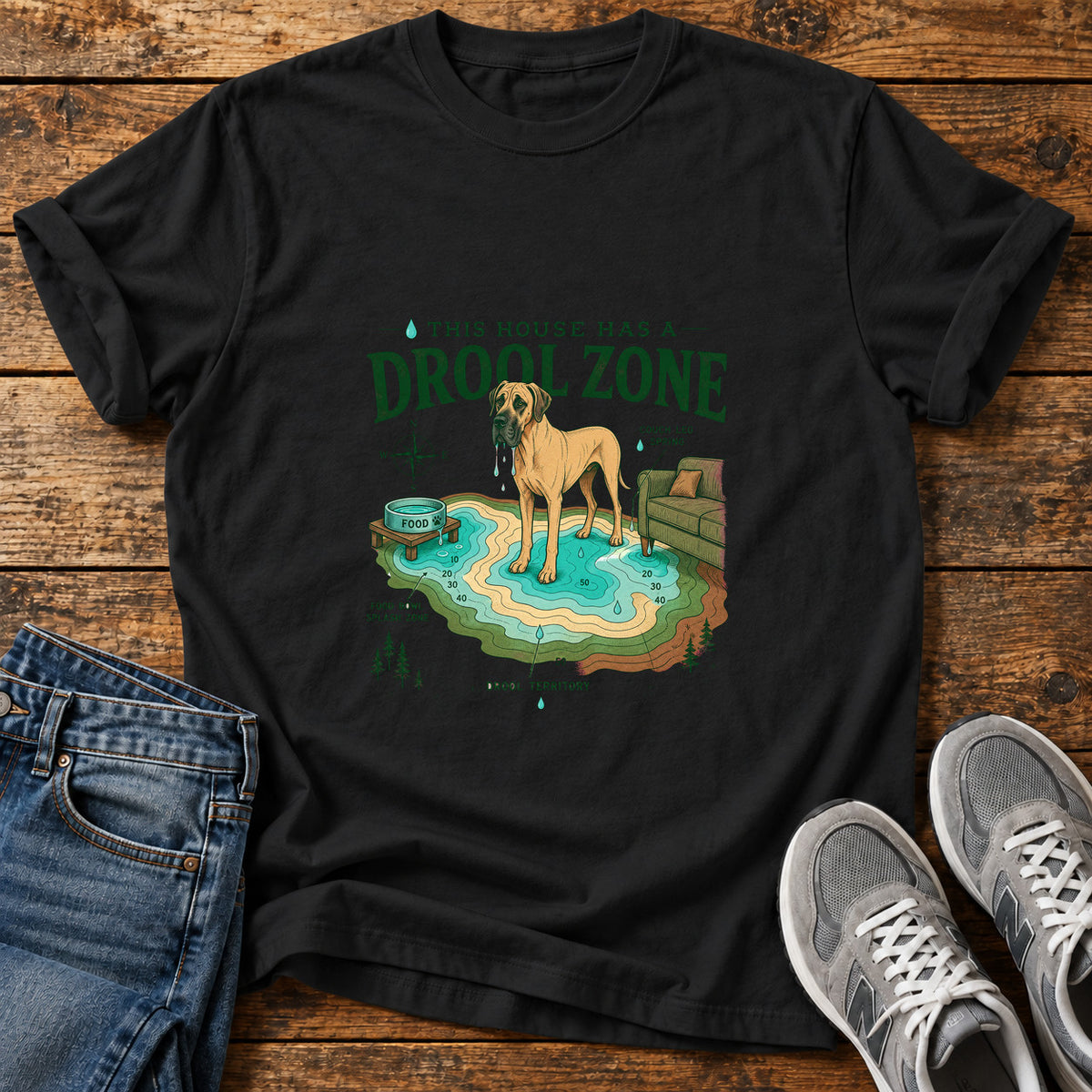 Drool Zone Zone Great Dane graphic T-shirt in Black, shown on a flat-lay shirt mockup