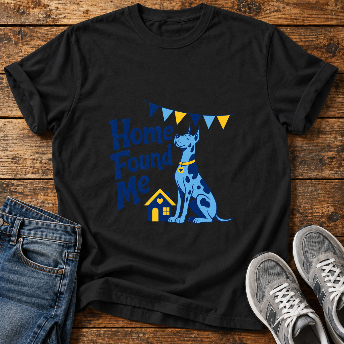 Home Found Me Great Dane graphic T-shirt in Black, shown on a flat-lay shirt mockup
