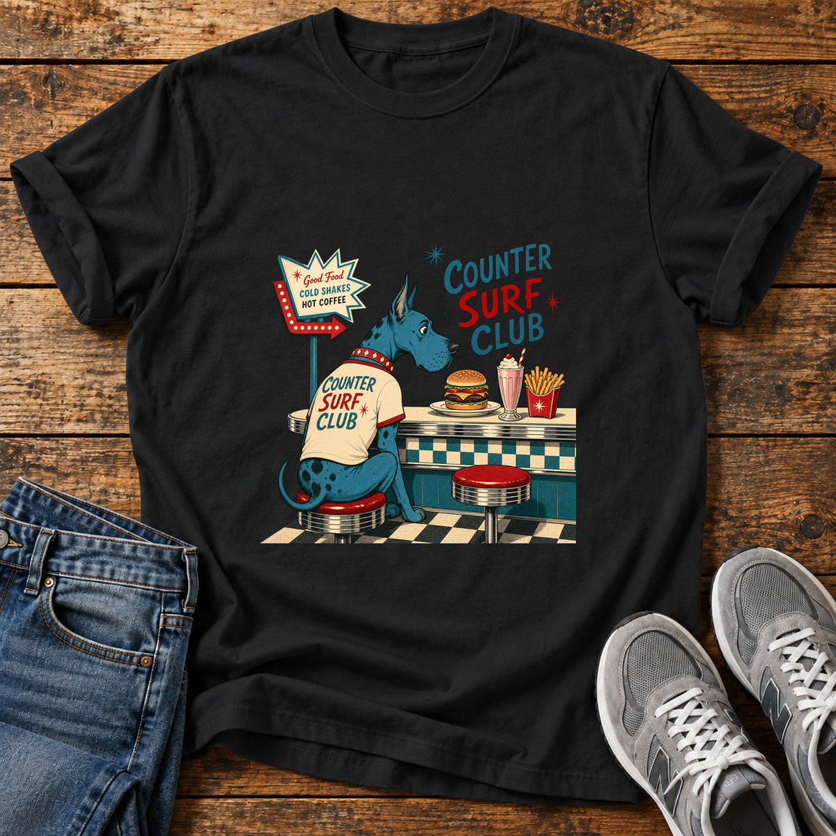 Counter Surf Club Great Dane graphic T-shirt in Black, shown on a flat-lay shirt mockup