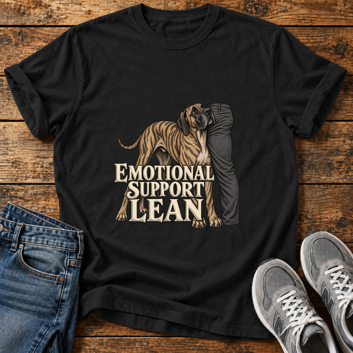 Emotional Support Lean Great Dane graphic T-shirt in Black, shown on a flat-lay shirt mockup