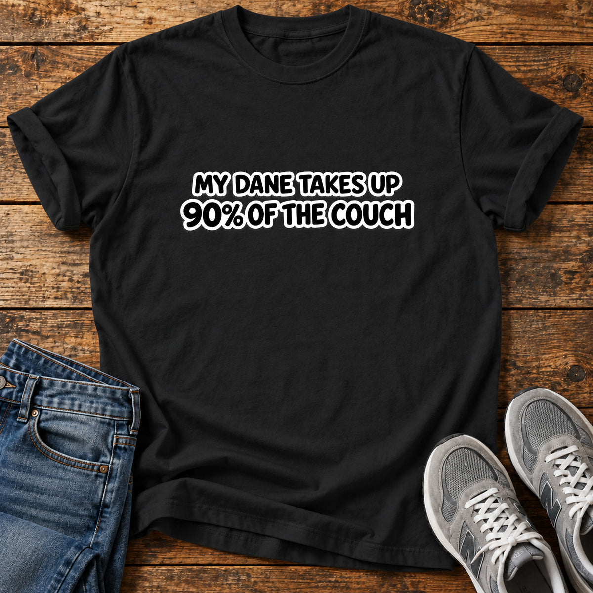 Dane Couch Hog Great Dane graphic T-shirt in Black, shown on a flat-lay shirt mockup