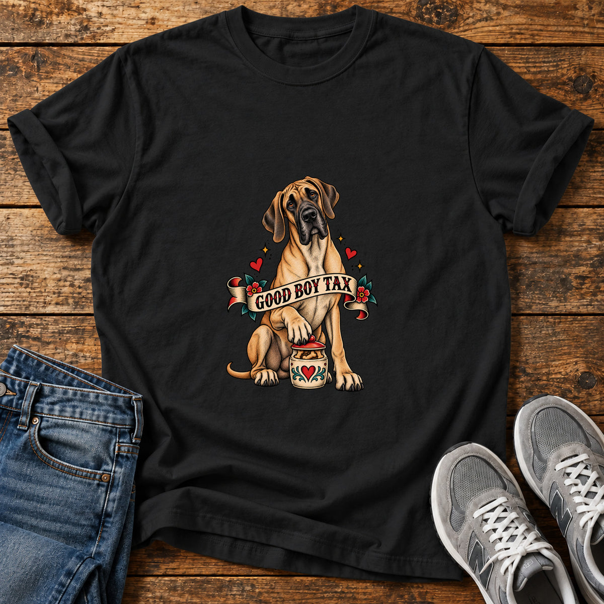 Good Boy Tax Great Dane graphic T-shirt in Black, shown on a flat-lay shirt mockup