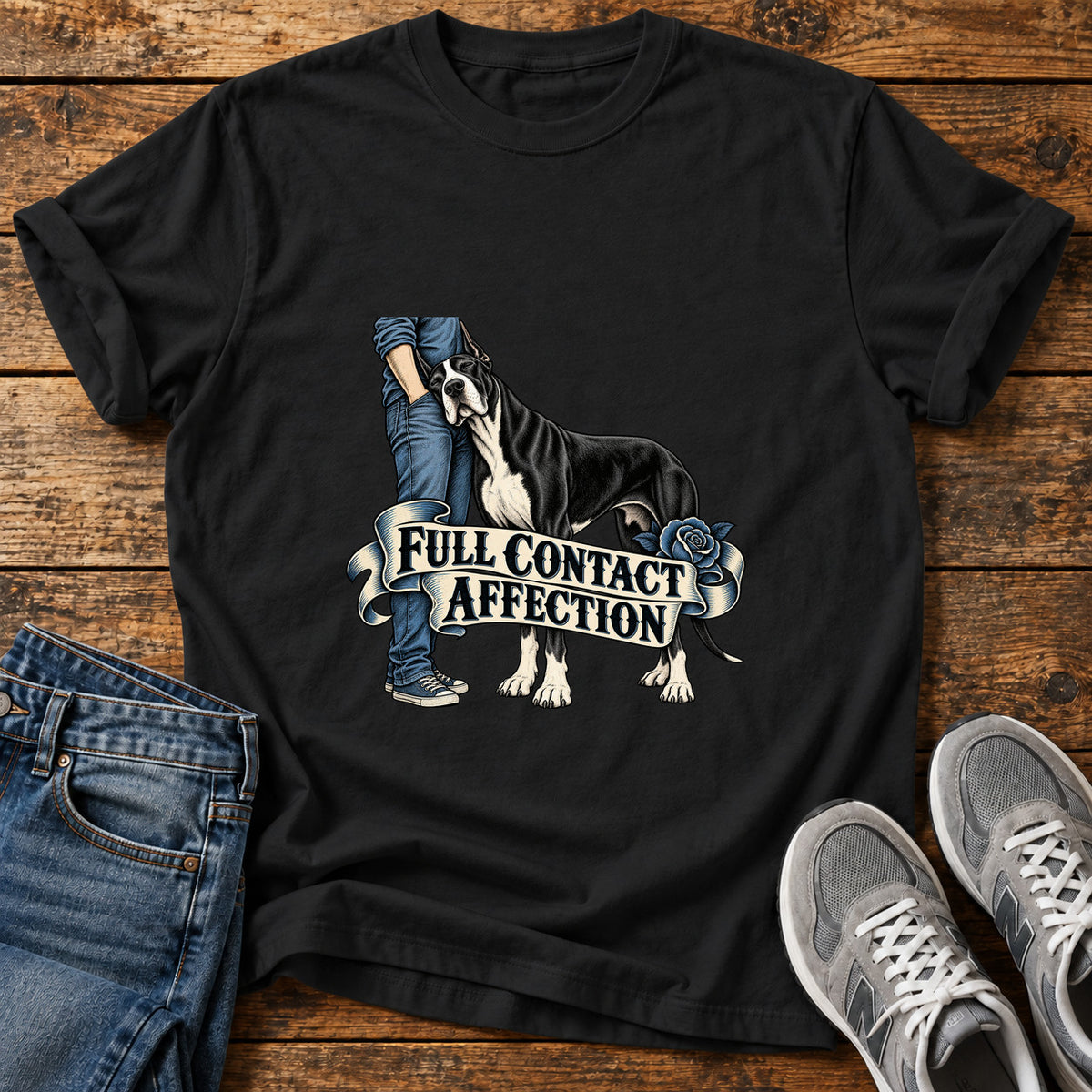 Full Contact Affection Great Dane graphic T-shirt in Black, shown on a flat-lay shirt mockup