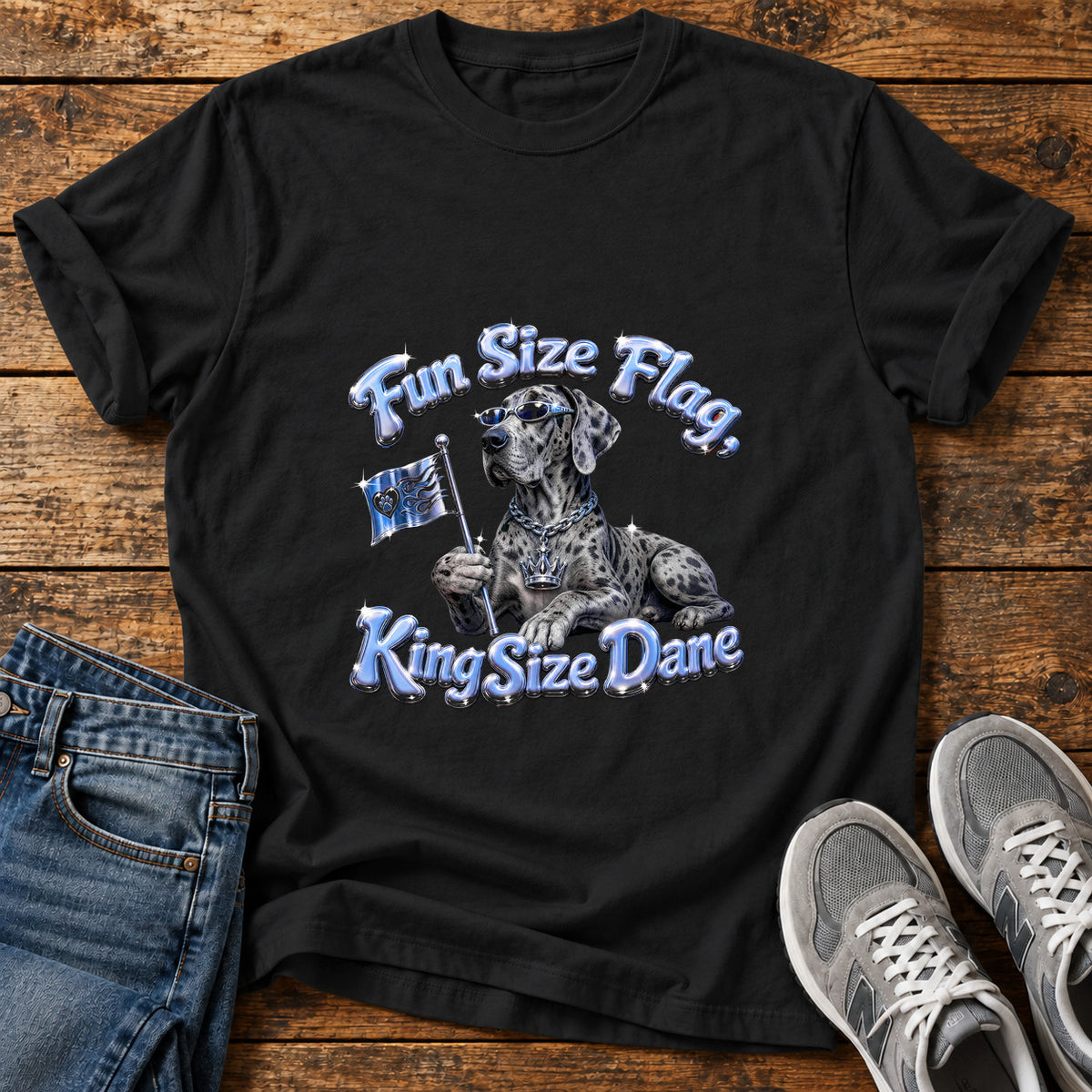 Fun Size Flag Great Dane graphic T-shirt in Black, shown on a flat-lay shirt mockup